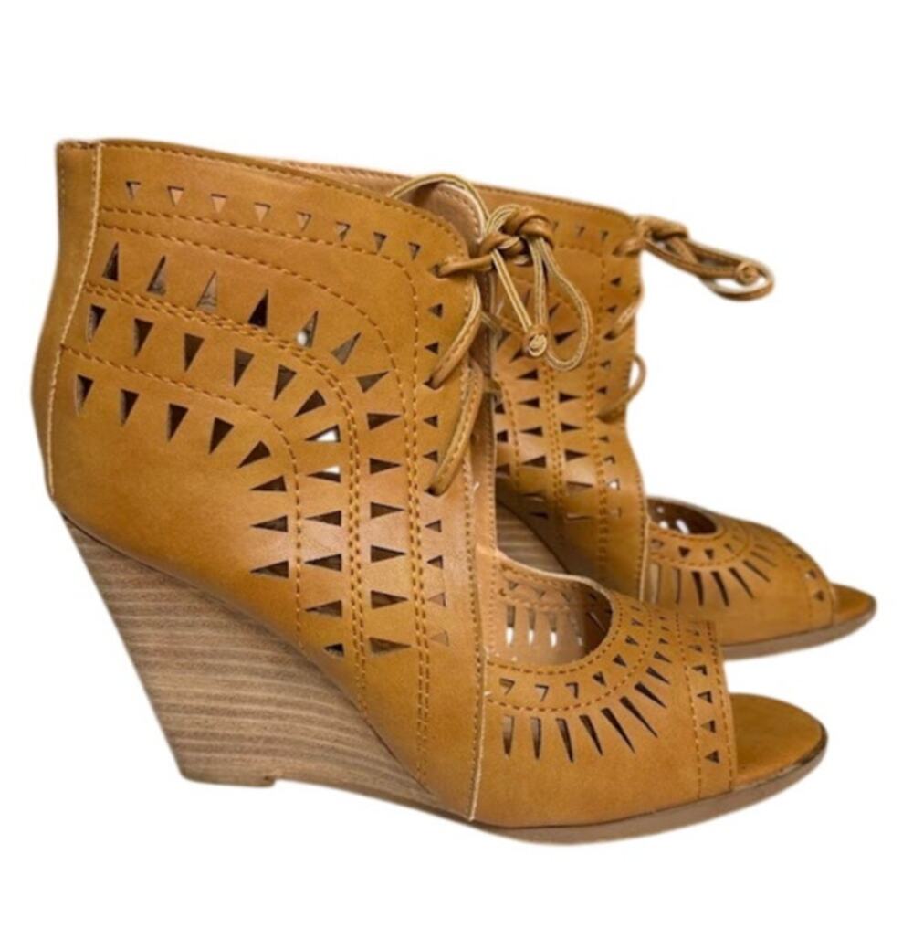 Ccoccoi Celine Lace Up Wedge Sandals Tan Peep Toe Boho 4" Heel Faux Leather 7‎